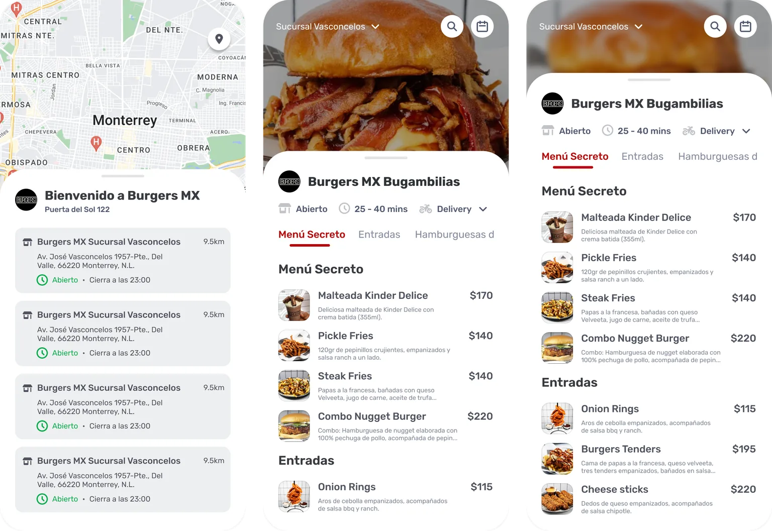 Three phone screens of the web menu: branch selection, the menu and the menu scrolled